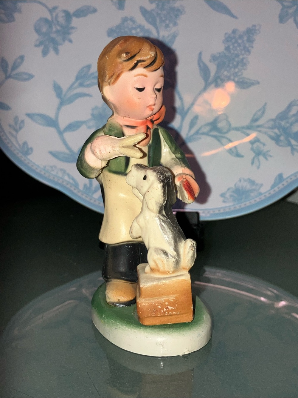 Vintage Plastic Hummel-Style Boy Grooming Dog Figurine - Made in Japan